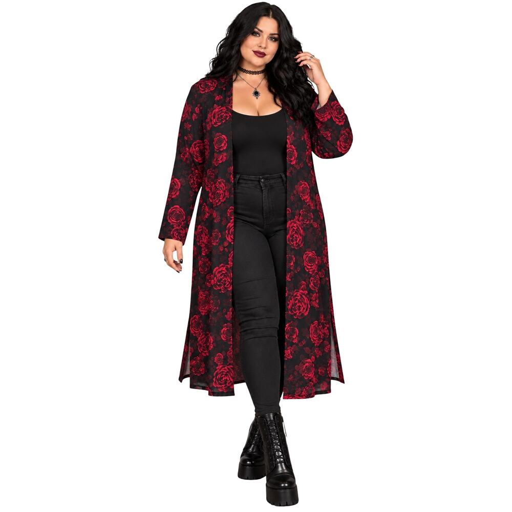 Torrid Dark Moody Rose Floral Open Front Velvet Knit Midi Cardigan Sz 2 or 2X